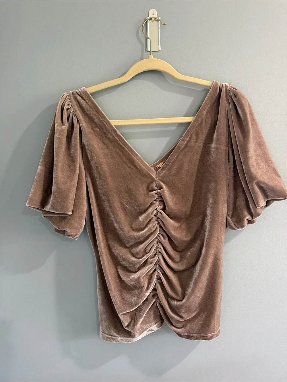 Free People Taupe Velvet Ruched V-Neck Puff Sleeve Top
